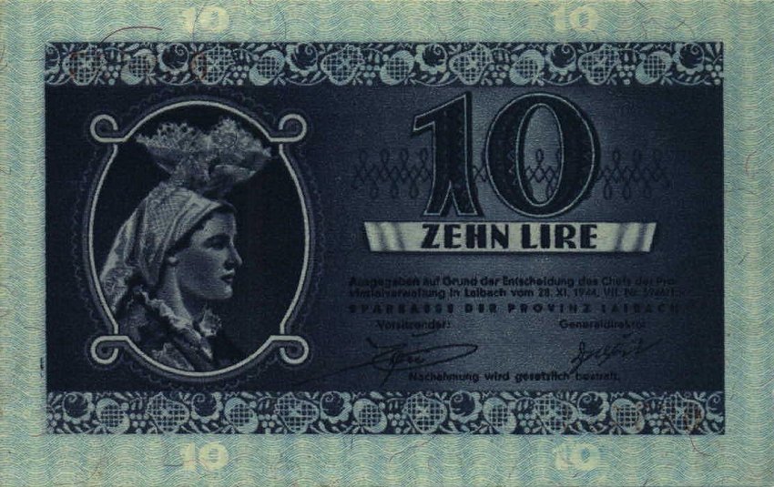 Back of Yugoslavia pR20a: 10 Lir from 1944