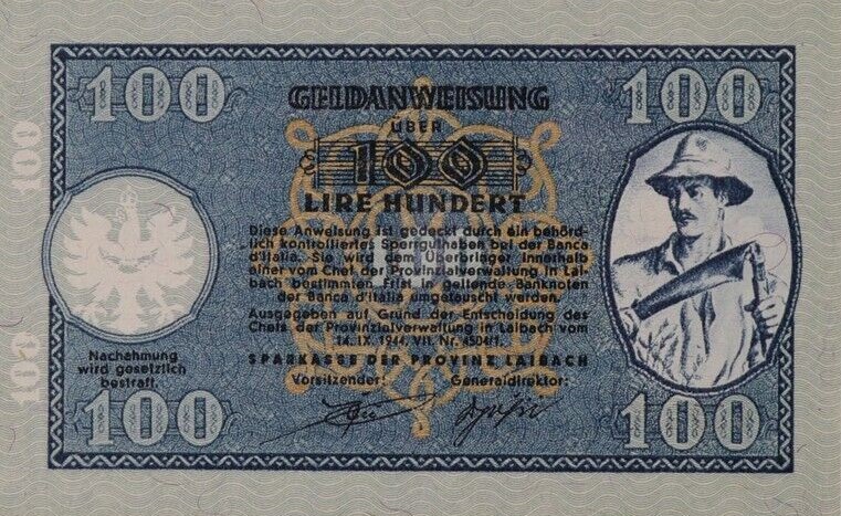 Back of Yugoslavia pR22a: 100 Lir from 1944