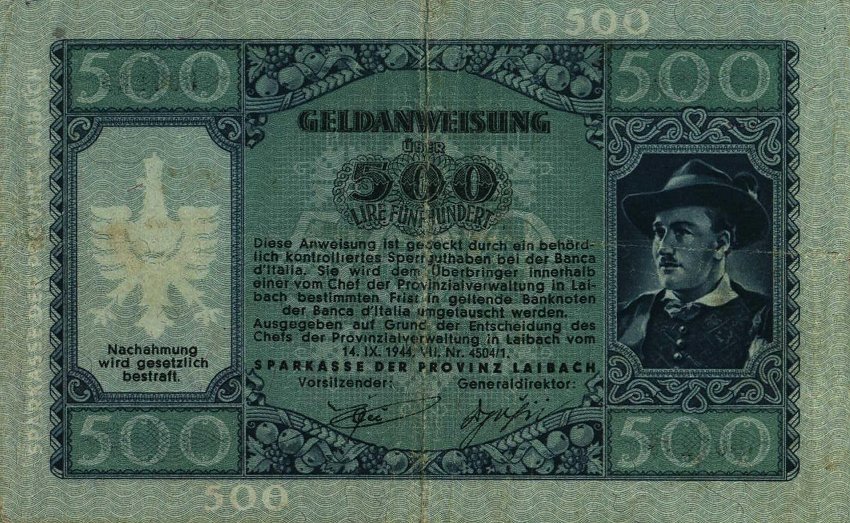 Back of Yugoslavia pR23: 500 Lir from 1944