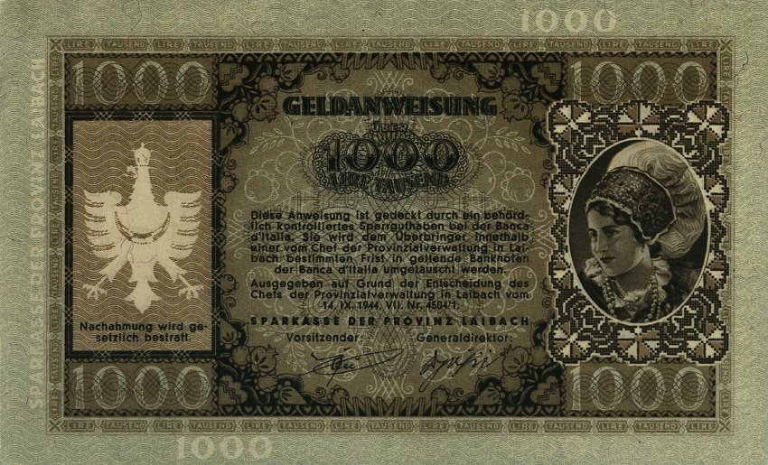 Back of Yugoslavia pR24a: 1000 Lir from 1944