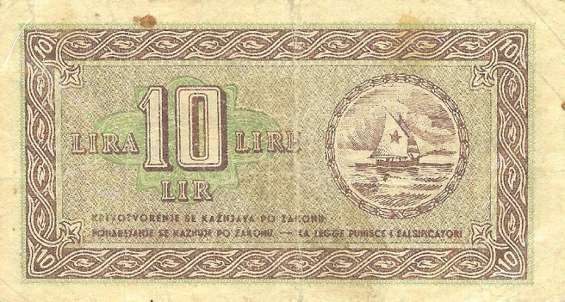 Back of Yugoslavia pR3: 10 Lire from 1945