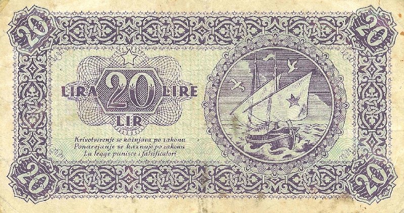 Back of Yugoslavia pR4a: 20 Lire from 1945