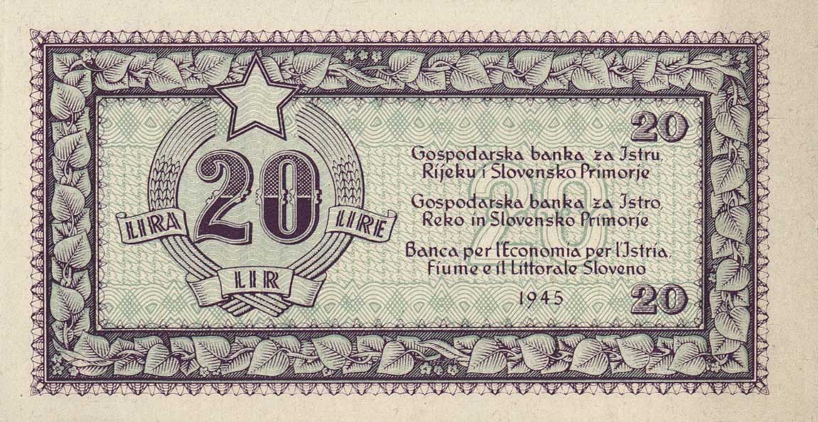 Back of Yugoslavia pR4b: 20 Lire from 1945