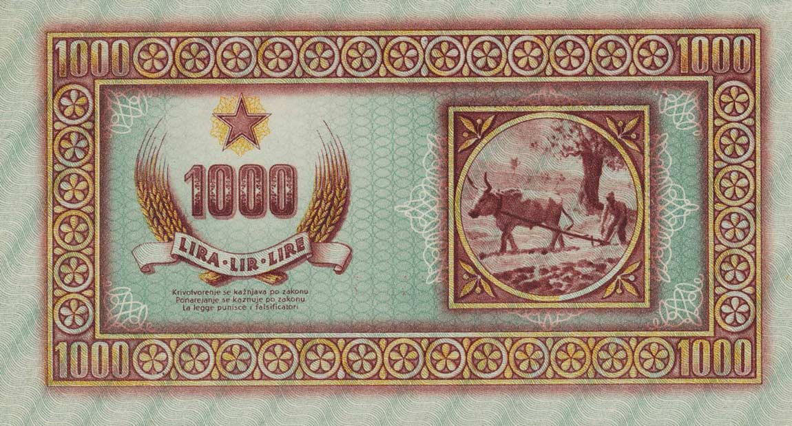 Back of Yugoslavia pR8: 1000 Lire from 1945