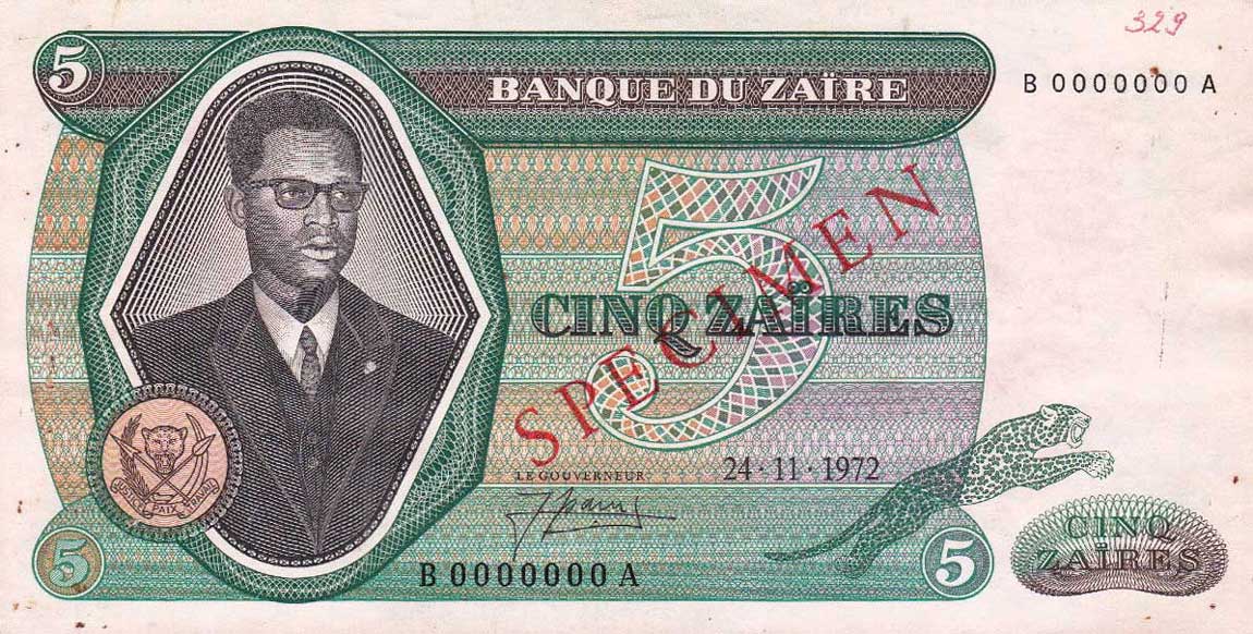 Front of Zaire p20s: 5 Zaires from 1972