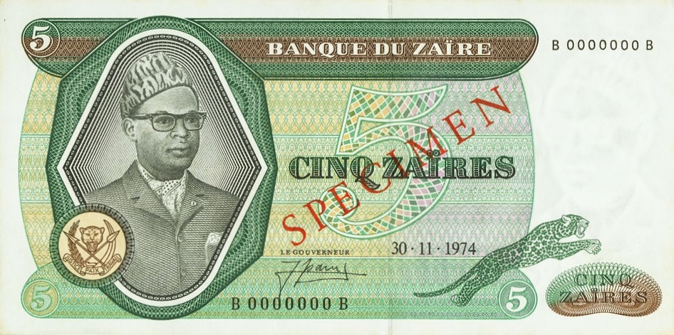 Front of Zaire p21s: 5 Zaires from 1974