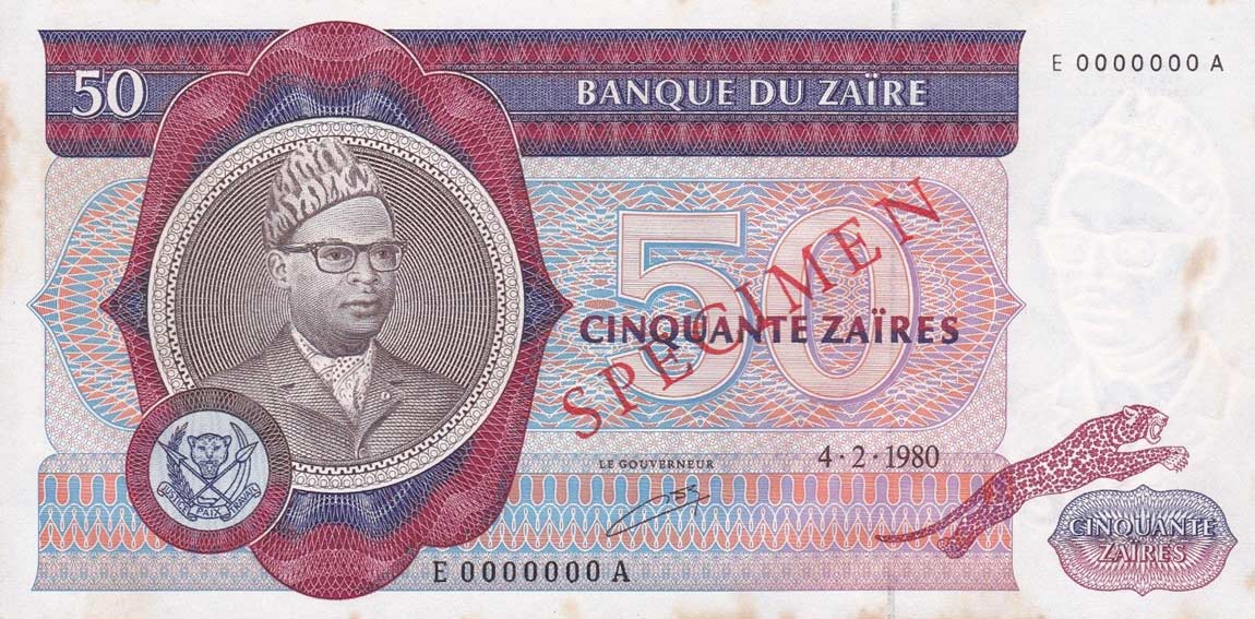Front of Zaire p25s: 50 Zaires from 1980