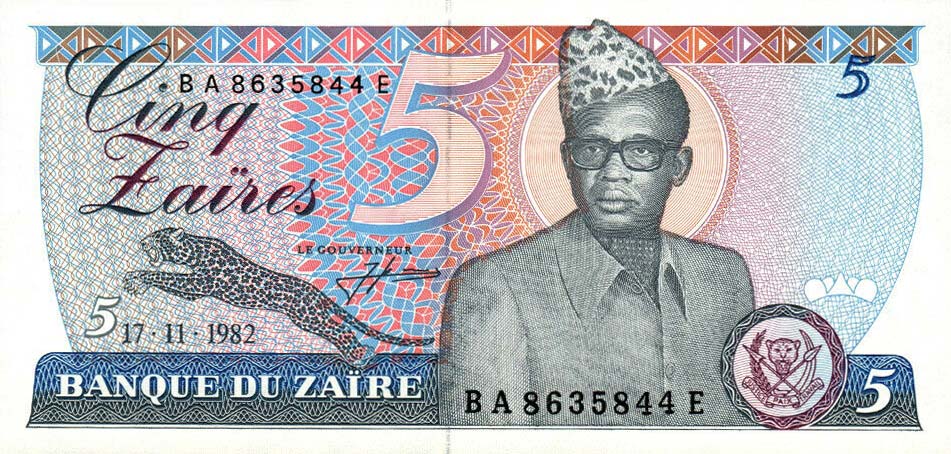 Front of Zaire p26a: 5 Zaires from 1982