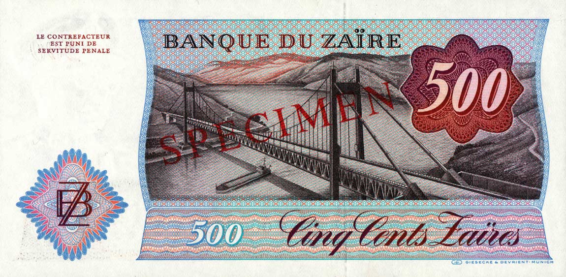 Back of Zaire p30s: 500 Zaires from 1985