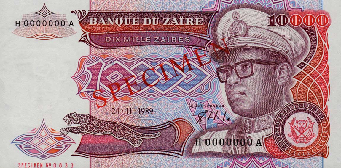 Front of Zaire p38s: 10000 Zaires from 1989