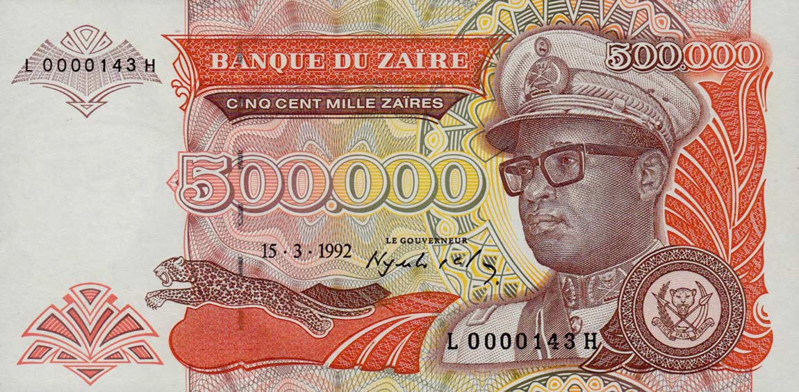 Front of Zaire p43a: 500000 Zaires from 1992