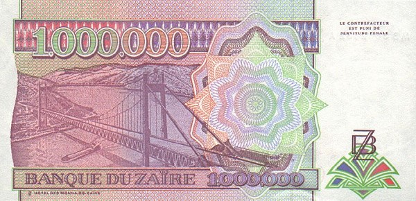 Back of Zaire p45b: 1000000 Zaires from 1993