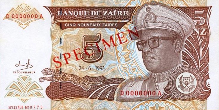 Front of Zaire p53s: 5 Nouveau Zaires from 1993