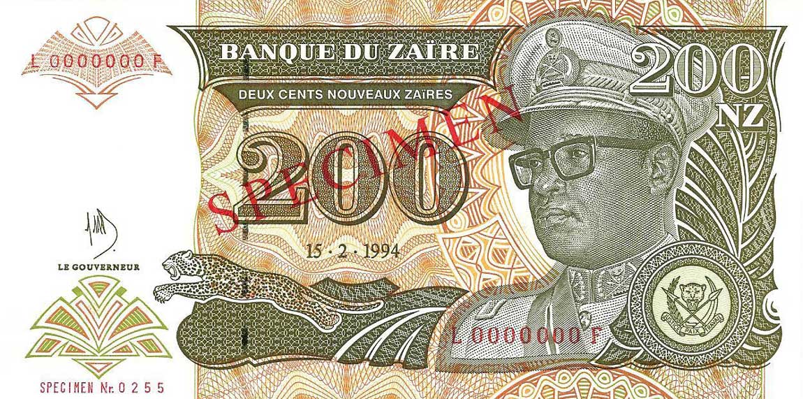 Front of Zaire p62s: 200 Nouveau Zaires from 1994