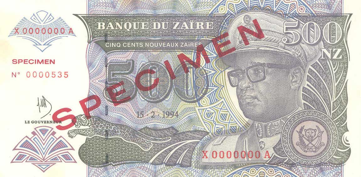 Front of Zaire p63s: 500 Nouveau Zaires from 1994