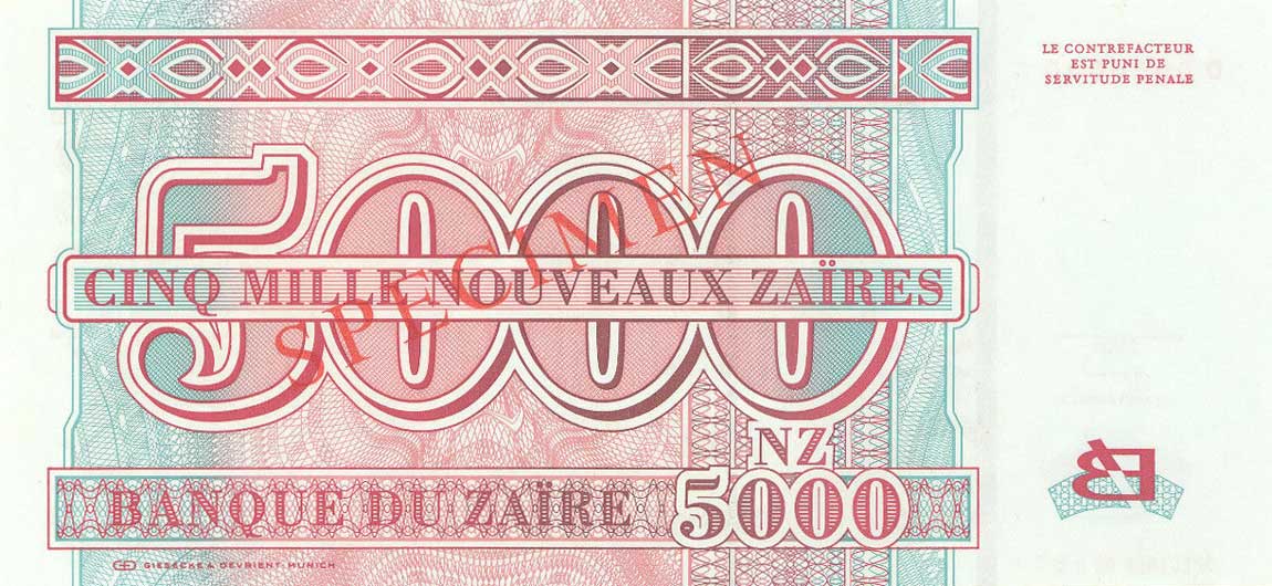 Back of Zaire p68s: 5000 Nouveau Zaires from 1995