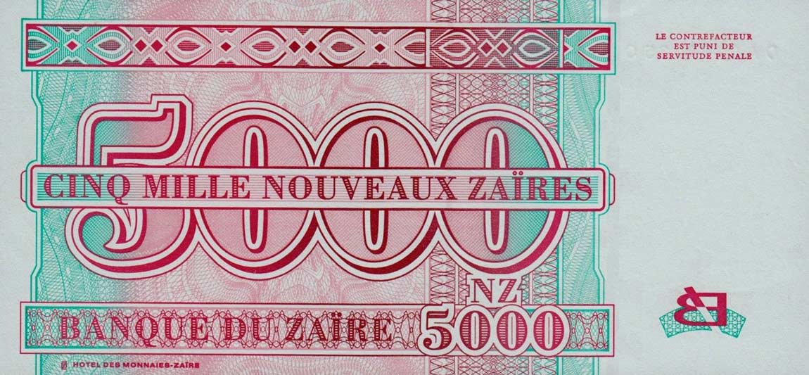 Back of Zaire p69: 5000 Nouveau Zaires from 1995