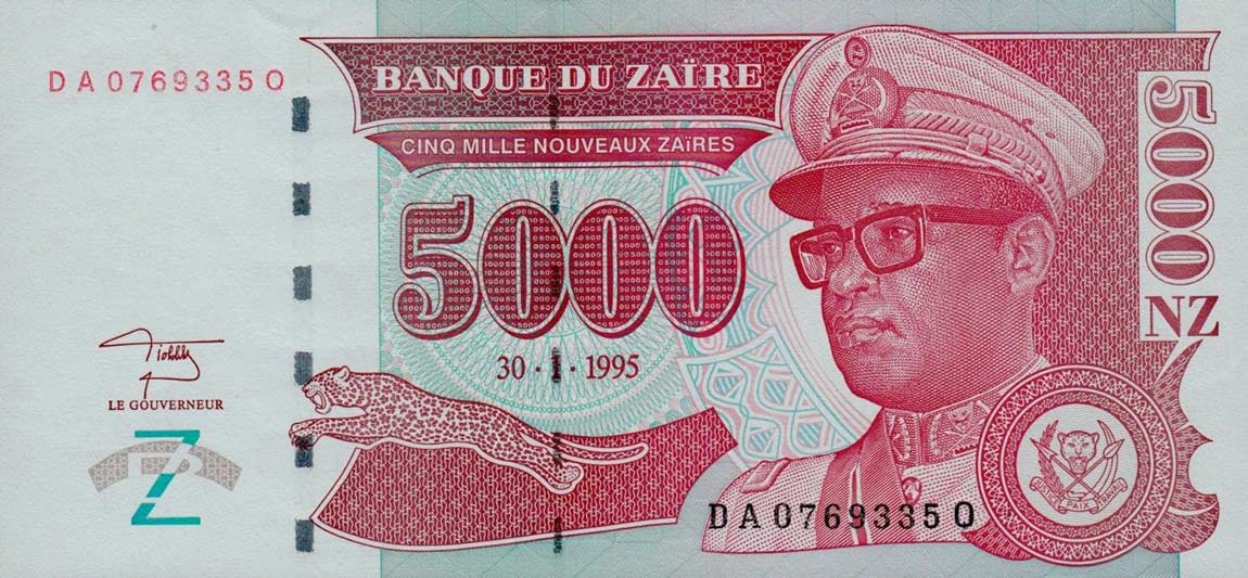 Front of Zaire p69: 5000 Nouveau Zaires from 1995