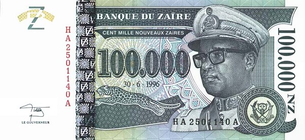 Front of Zaire p77Aa: 100000 Nouveau Zaires from 1996