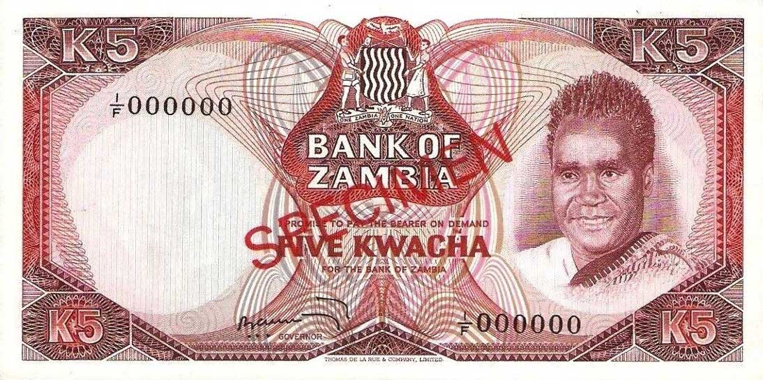 Front of Zambia p15s: 5 Kwacha from 1973