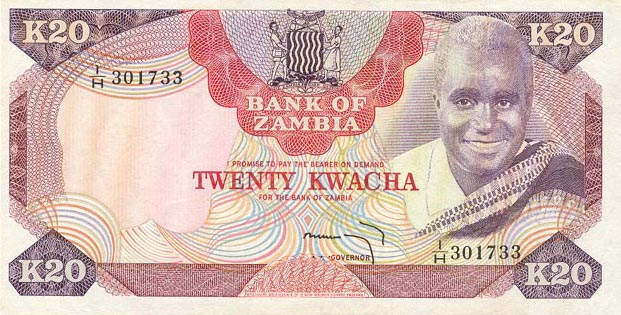 Front of Zambia p18a: 20 Kwacha from 1974