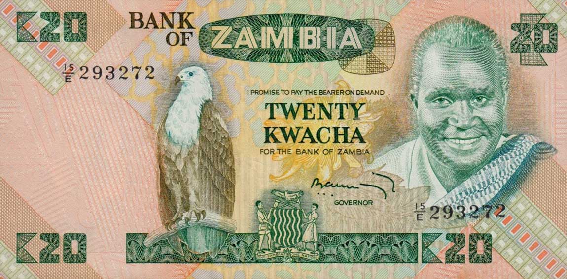 Front of Zambia p27c: 20 Kwacha from 1980