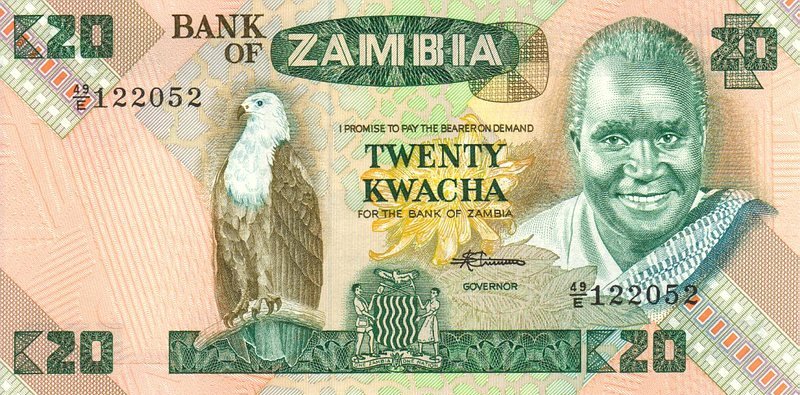 Front of Zambia p27e: 20 Kwacha from 1980