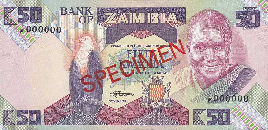 Front of Zambia p28s: 50 Kwacha from 1986