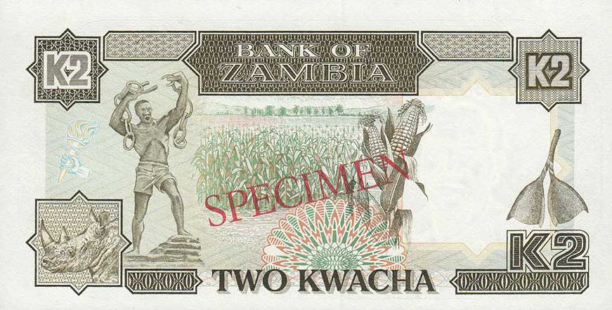 Back of Zambia p29s: 2 Kwacha from 1989