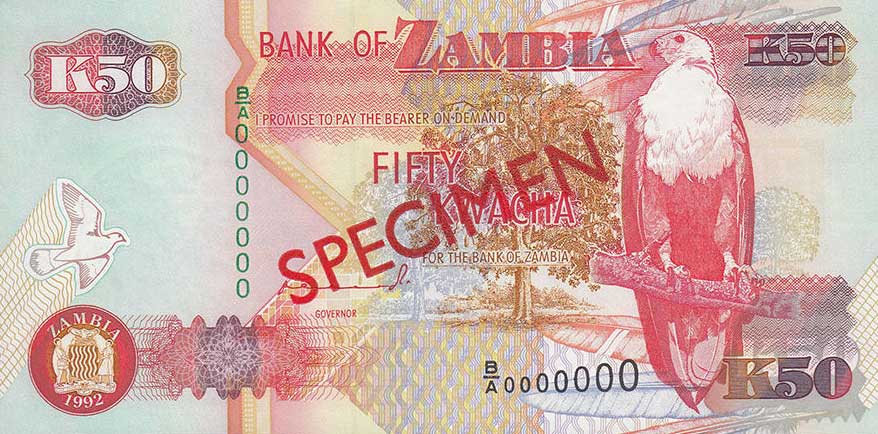 Front of Zambia p37s: 50 Kwacha from 1992