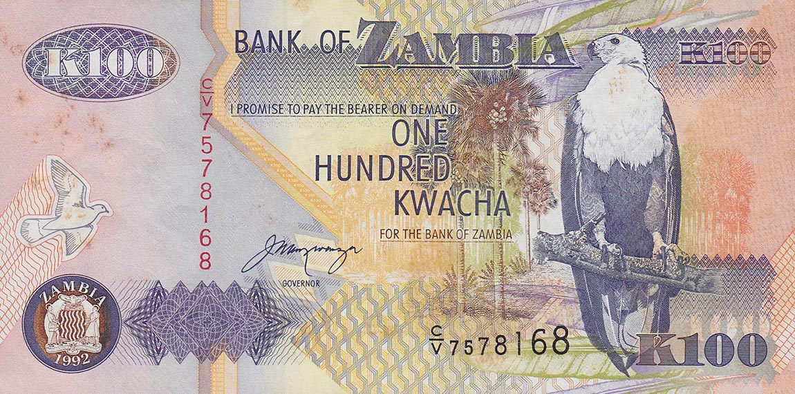 Front of Zambia p38b: 100 Kwacha from 1992