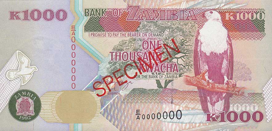 Front of Zambia p40s: 1000 Kwacha from 1992