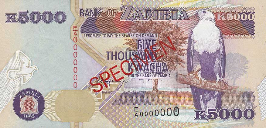 Front of Zambia p41s: 5000 Kwacha from 1992