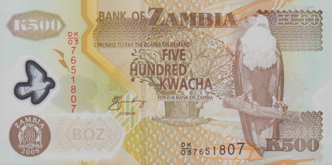 Front of Zambia p43f: 500 Kwacha from 2008