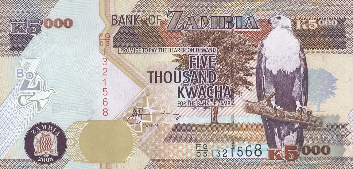 Front of Zambia p45d: 5000 Kwacha from 2008