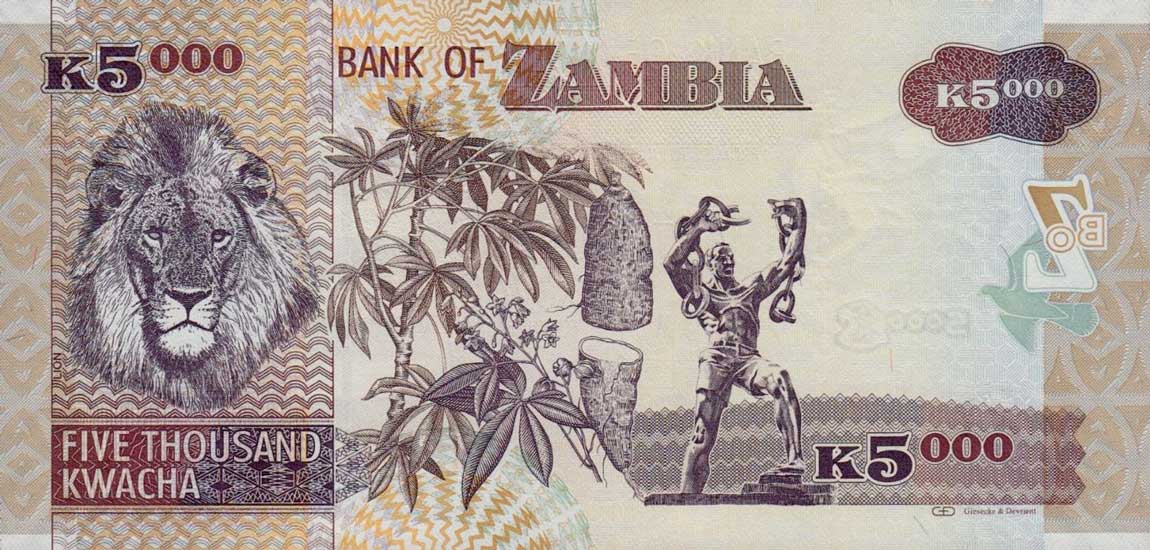 Back of Zambia p45g: 5000 Kwacha from 2011