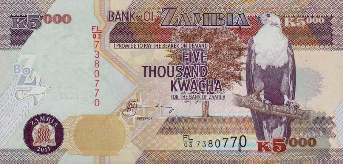 Front of Zambia p45g: 5000 Kwacha from 2011