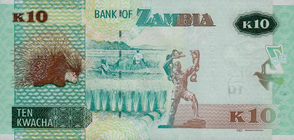 Back of Zambia p51a: 10 Kwacha from 2012