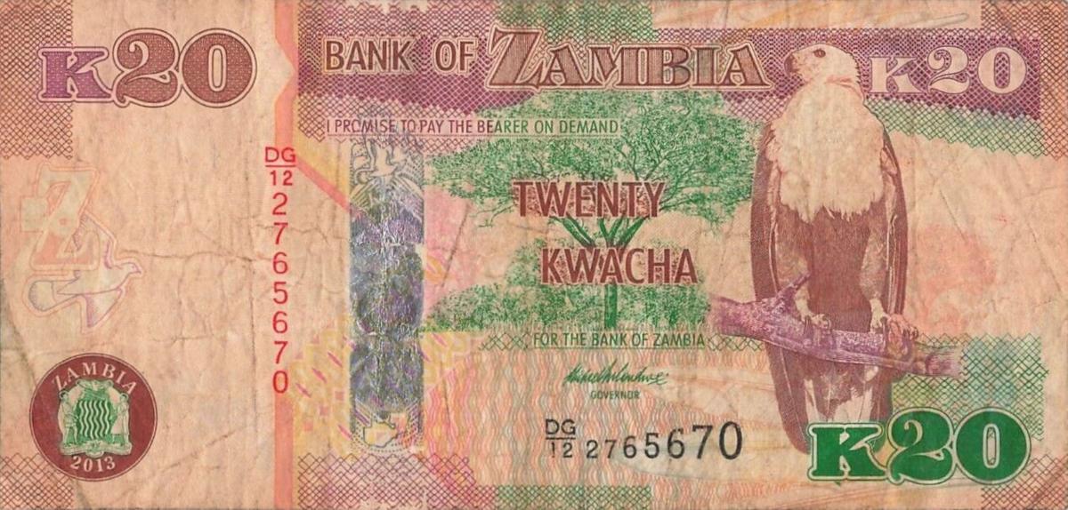 Front of Zambia p52b: 20 Kwacha from 2013