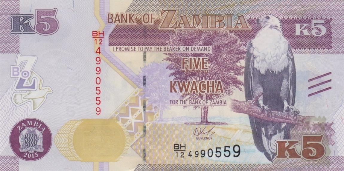 Front of Zambia p57a: 5 Kwacha from 2015