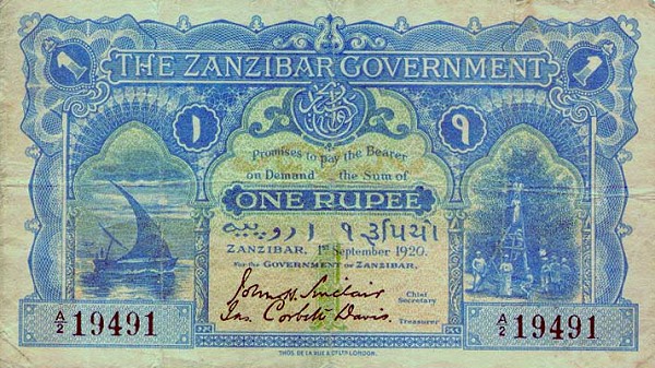 Front of Zanzibar p1: 1 Rupee from 1920