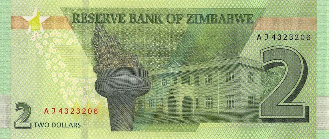 Back of Zimbabwe p101: 2 Dollars from 2019