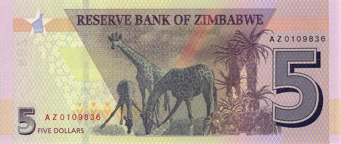 Back of Zimbabwe p102: 5 Dollars from 2019