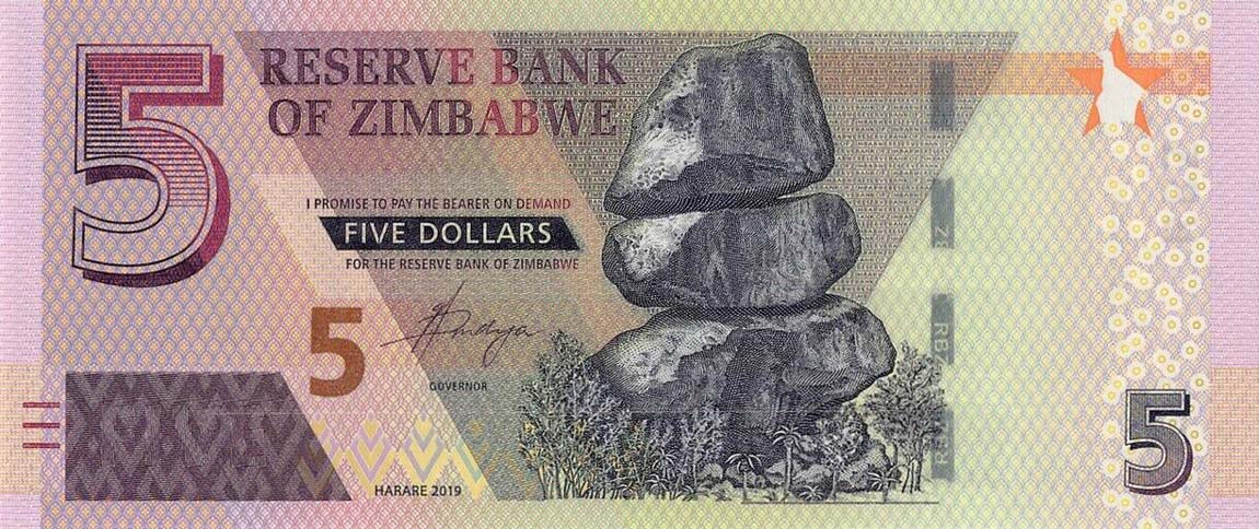 Front of Zimbabwe p102: 5 Dollars from 2019