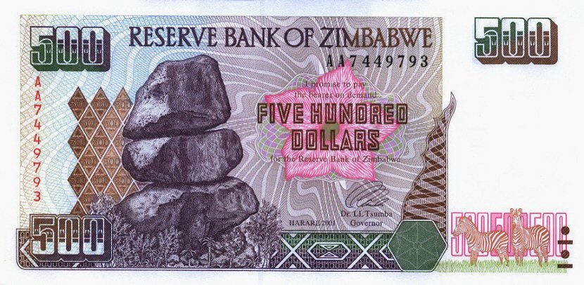 Front of Zimbabwe p11a: 500 Dollars from 2001