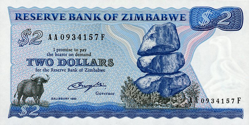 Front of Zimbabwe p1a: 2 Dollars from 1980