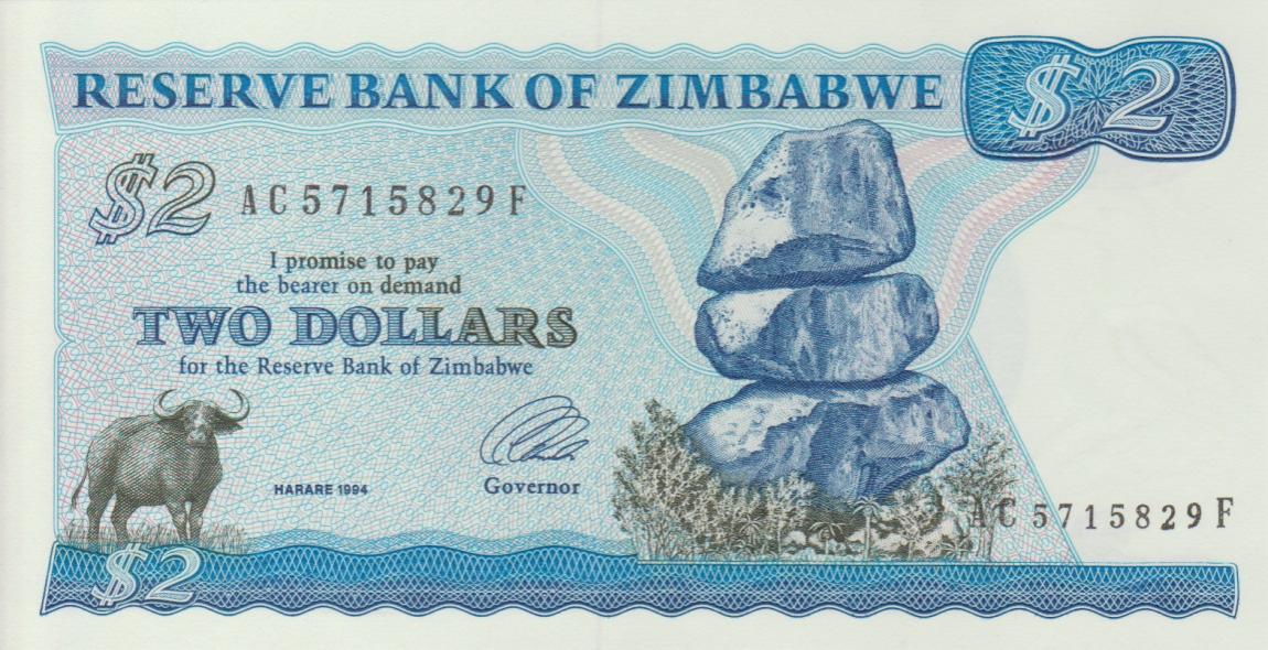 Front of Zimbabwe p1c: 2 Dollars from 1994