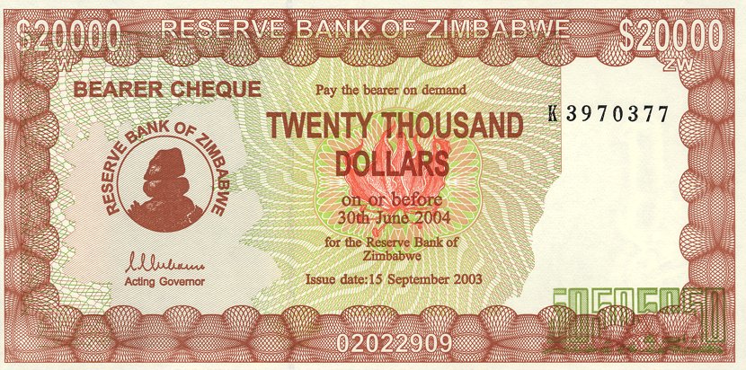 Front of Zimbabwe p23b: 20000 Dollars from 2004