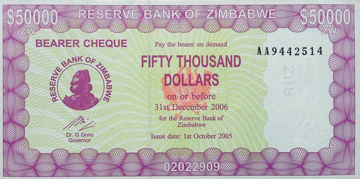 Front of Zimbabwe p28: 50000 Dollars from 2005