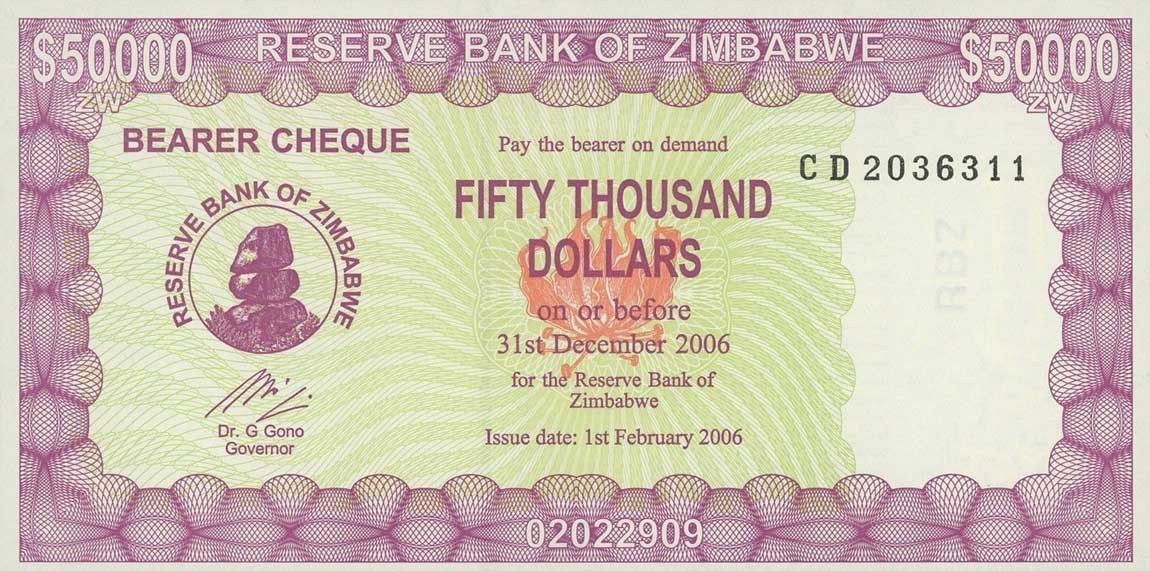 Front of Zimbabwe p29: 50000 Dollars from 2006